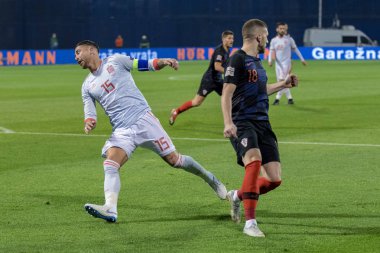 ZAGREB, CROATIA - NOVEMBER 15, 2018: UEFA Nations League football match Croatia vs. Spain. In action Sergio Ramos (15) and Ante Rebic (18)