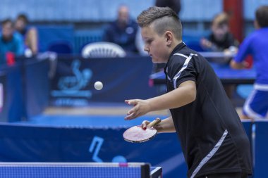 Zagreb, Hırvatistan - 25 Kasım 2017: Masa tenisi uluslararası anma töreni Antun Tova Stipanciç. Çocuk oyuncu topu servis ediyor.