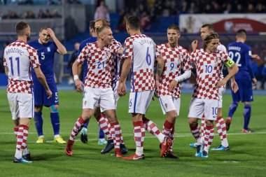 Zagreb, Hırvatistan - 09 Kasım 2017: 2018 Fifa Dünya Kupası Avrupa elemeleri Rusya. Hırvatistan Yunanistan 'a karşı. Hırvat oyuncular oyun sahasında