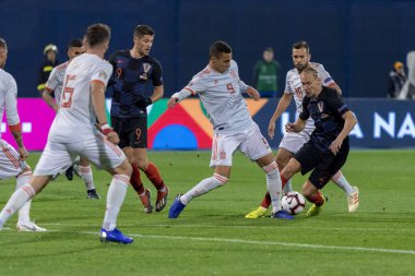 ZAGREB, CROATIA - NOVEMBER 15, 2018: UEFA Nations League football match Croatia vs. Spain. In action Rodrigo (9) and Domagoj Vida (21)