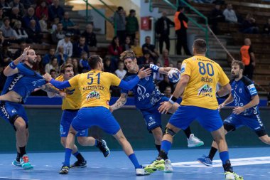ZAGREB, CROATIA - SEPTEMBER 19, 2017: SEHA League PPD Zagreb VS RK Celje Pivovarna Lasko. VUGLAC Mario (74) with the ball