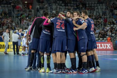 Zagreb, Hırvatistan - 29 Eylül 2018: Ehf man 's Championship League. PD Zagreb, Paris Saint-Germain 'e karşı. Psg oyuncuları zaman aşımına uğradı