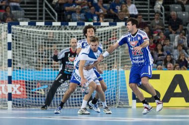 ZAGREB, CROATIA - SEPTEMBER 23, 2017: EHF Velux Champions League PPD Zagreb VS RK Pick Szeged. HRSTIC Matej (44) with the ball