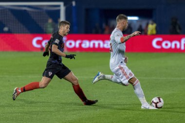 ZAGREB, CROATIA - NOVEMBER 15, 2018: UEFA Nations League football match Croatia vs. Spain. In action Sergio Ramos (15) and Andrej Kramaric (9)