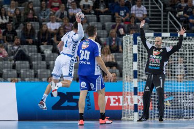 ZAGREB, CROATIA - SEPTEMBER 23, 2017: EHF Velux Champions League PPD Zagreb VS RK Pick Szeged. KONTREC Tin (9) shooting at the goal