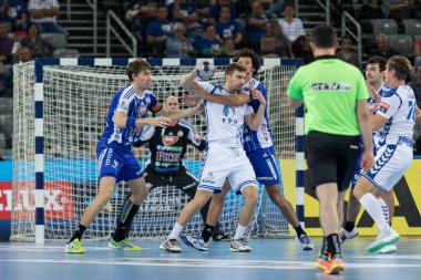 ZAGREB, CROATIA - SEPTEMBER 23, 2017: EHF Velux Champions League PPD Zagreb VS RK Pick Szeged. HRSTIC Matej (44) with the ball