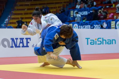 ZAGREB, CROATIA - OCTOBER 01, 2017:  IJF Judo Grand Prix Zagreb 2017. The two judokas fighters fighting 