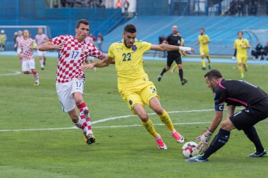 ZAGREB, CROATIA - SEPTEMBER 03, 2017: European qualifier for 2018 FIFA World Cup Russia. Croatia vs Kosovo. Mario MANDZUKIC (17) and Bajram Jashanica (22) 
