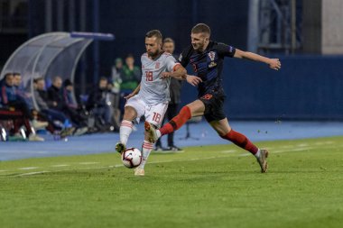 ZAGREB, CROATIA - NOVEMBER 15, 2018: UEFA Nations League football match Croatia vs. Spain. In action Jordi Alba (18) and Ante Rebic (18)