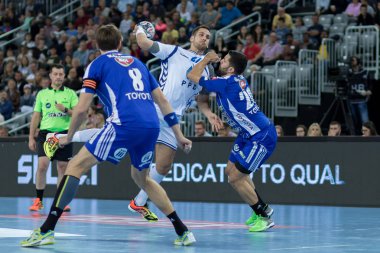 ZAGREB, CROATIA - SEPTEMBER 23, 2017: EHF Velux Champions League PPD Zagreb VS RK Pick Szeged. MANDALINIC Stipe (27) shooting at the goal