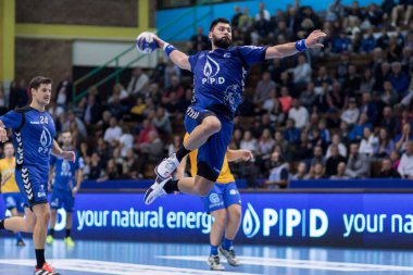ZAGREB, CROATIA - SEPTEMBER 19, 2017: SEHA League PPD Zagreb VS RK Celje Pivovarna Lasko. KONTREC Tin (9) with the ball