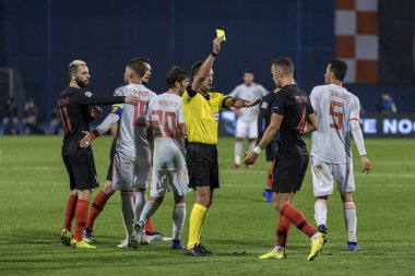 ZAGREB, CROATIA - NOVEMBER 15, 2018: UEFA Nations League football match Croatia vs. Spain. Ivan Perisic (4) getting yellow card