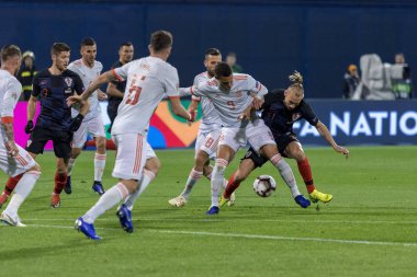 ZAGREB, CROATIA - NOVEMBER 15, 2018: UEFA Nations League football match Croatia vs. Spain. In action Domagoj Vida (21) and Rodrigo (9)