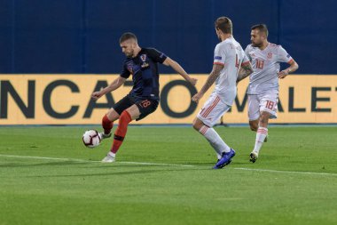 ZAGREB, CROATIA - NOVEMBER 15, 2018: UEFA Nations League football match Croatia vs. Spain. In action Ante Rebic (18) and Jordi Alba (18)
