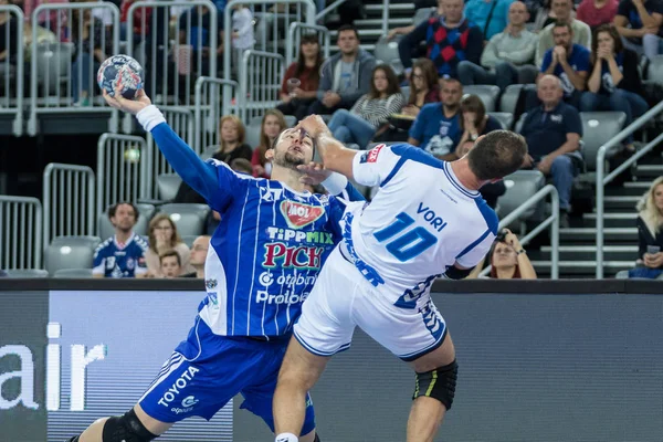 ZAGREB, CROATIA - SEPTEMBER 23, 2017: EHF Velux Champions League PPD Zagreb VS RK Pick Szeged. BANHIDI Bence (27) and VORI Igor (10)