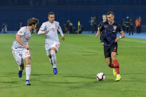 ZAGREB, CROATIA - NOVEMBER 15, 2018: UEFA Nations League football match Croatia vs. Spain. In action Ivan Perisic (4), Diego Llorente(20) and Rodrigo (9)