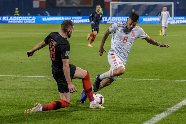 ZAGREB, CROATIA - NOVEMBER 15, 2018: UEFA Nations League football match Croatia vs. Spain. In action Ante Rebic (18) and Dani Ceballos (8)