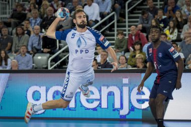 Zagreb, Hırvatistan - 29 Eylül 2018: Ehf man 's Championship League. PD Zagreb, Paris Saint-Germain 'e karşı. Hareket halinde Mrakovcic Luka (5)