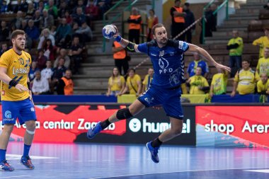 ZAGREB, CROATIA - SEPTEMBER 19, 2017: SEHA League PPD Zagreb VS RK Celje Pivovarna Lasko. VORI Igor (10) with ball 