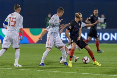 ZAGREB, CROATIA - NOVEMBER 15, 2018: UEFA Nations League football match Croatia vs. Spain. In action Domagoj Vida (21) and Rodrigo (9)