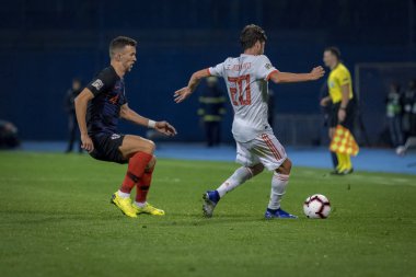 ZAGREB, CROATIA - NOVEMBER 15, 2018: UEFA Nations League football match Croatia vs. Spain. In action Sergi Roberto (20) and Ivan Perisic (4)