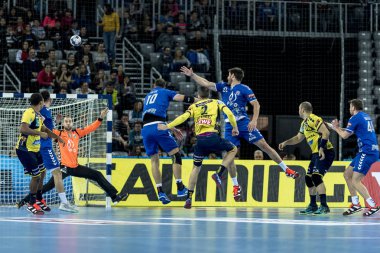 Zagreb, Hırvatistan - 29 Kasım 2017: Ehf Velux Şampiyonlar Ligi PPD Zagreb - Rhein-Neckar Lowen. Schmid Andre (2) golü atıyor