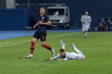 ZAGREB, CROATIA - NOVEMBER 15, 2018: UEFA Nations League football match Croatia vs. Spain. In action Ante Rebic (18) and Sergio Ramos (15)