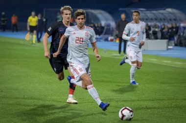 ZAGREB, CROATIA - NOVEMBER 15, 2018: UEFA Nations League football match Croatia vs. Spain. In action Tin Jedvaj (16) and Sergi Roberto (20)