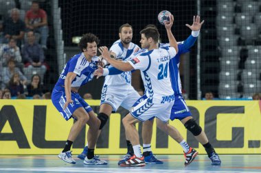iZAGREB, CROATIA - SEPTEMBER 23, 2017: EHF Velux Champions League PPD Zagreb VS RK Pick Szeged. VALCIC Tonci (24) with the ball