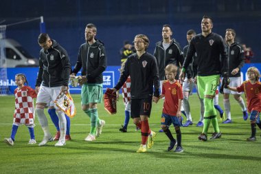 ZAGREB, CROATIA - NOVEMBER 15, 2018: UEFA Nations League football match Croatia vs. Spain. Players entering the playing field