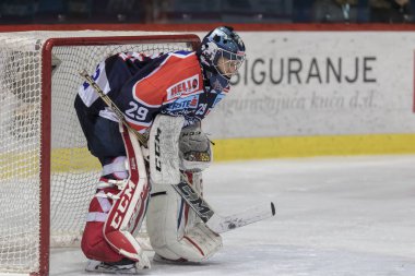 ZAGREB, CROATIA - DECEMBER 28, 2017: EBEL ice hockey league match between Medvescak Zagreb and Graz 99ers. Vilim ROSANDIC (29) goalie