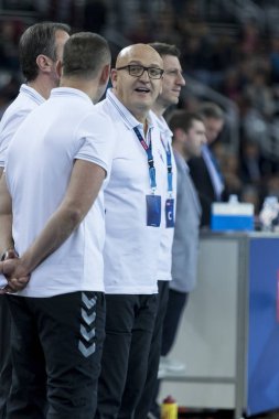 Zagreb, Hırvatistan - 23 Kasım 2017: Ehf Velux Şampiyonlar Ligi PD Zagreb - Fc Barcelona Lassa. Zlatan Saraceviç PPD Zagreb teknik direktörü