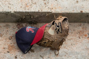 ZAGREB, CROATIA - SEPTEMBER 09, 2017: Baseball match between Baseball Club Zagreb and BK Olimpija 83. Baseball cap and baseball glove