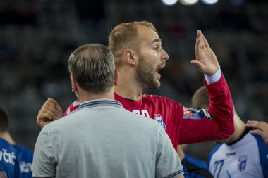 Zagreb, Hırvatistan - 29 Eylül 2018: Ehf man 's Championship League. PD Zagreb, Paris Saint-Germain 'e karşı. Kastelik Urh (99)