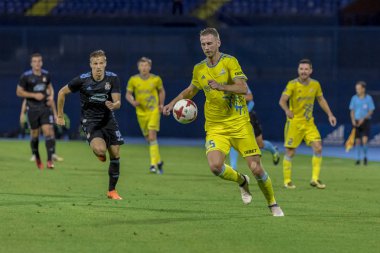 Zagreb, Hırvatistan - 14 Ağustos 2018: Uefa Şampiyonları Leauge eleme turu. Gnk Dinamo, Fc Astana 'ya karşı. Sergei Maliy (25)