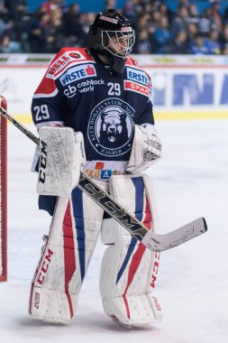 ZAGREB, CROATIA - SEPTEMBER 22, 2017: EBEL ice hockey league match between Medvescak Zagreb and  Graz 99ers. Vilim ROSANDIC (29) goalie 