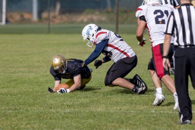 Zagreb, Hırvatistan - 07 Ekim 2018: Hırvat futbol ligi, Zagreb Patriots ve Saraybosna Spartalılar arasındaki ilk tur maç (30: 6). Futbolcular iş başında