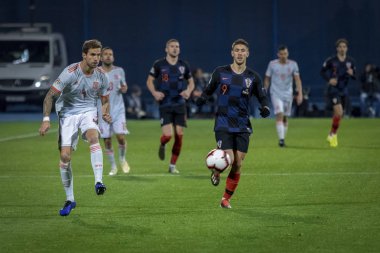 ZAGREB, CROATIA - NOVEMBER 15, 2018: UEFA Nations League football match Croatia vs. Spain. In action Inigo Martinez (4) and Andrej Kramaric (9)