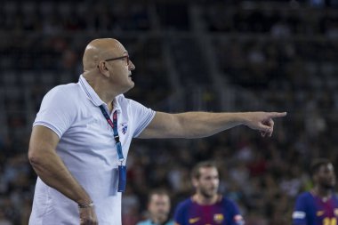 Zagreb, Hırvatistan - 23 Kasım 2017: Ehf Velux Şampiyonlar Ligi PD Zagreb - Fc Barcelona Lassa. Zlatan Saraceviç PPD Zagreb teknik direktörü