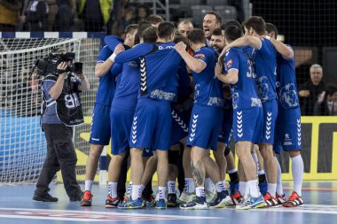 Zagreb, Hırvatistan - 29 Kasım 2017: Ehf Velux Şampiyonlar Ligi PPD Zagreb - Rhein-Neckar Lowen. Oyuncular zaferi kutluyor