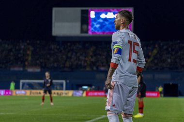 ZAGREB, CROATIA - NOVEMBER 15, 2018: UEFA Nations League football match Croatia vs. Spain. In action Sergio Ramos (15)