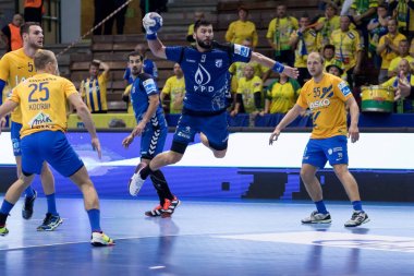 ZAGREB, CROATIA - SEPTEMBER 19, 2017: SEHA League PPD Zagreb VS RK Celje Pivovarna Lasko. KONTREC Tin (9) with the ball