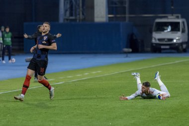 ZAGREB, CROATIA - NOVEMBER 15, 2018: UEFA Nations League football match Croatia vs. Spain. In action Ante Rebic (18) and Sergio Ramos (15)