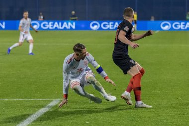 ZAGREB, CROATIA - NOVEMBER 15, 2018: UEFA Nations League football match Croatia vs. Spain. In action Ante Rebic (18) and Sergio Ramos (15)