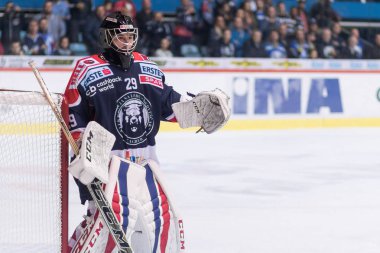 ZAGREB, CROATIA - SEPTEMBER 22, 2017: EBEL ice hockey league match between Medvescak Zagreb and  Graz 99ers. Vilim ROSANDIC (29) goalie 