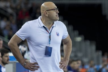 Zagreb, Hırvatistan - 23 Kasım 2017: Ehf Velux Şampiyonlar Ligi PD Zagreb - Fc Barcelona Lassa. Zlatan Saraceviç PPD Zagreb teknik direktörü