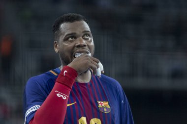 Zagreb, Hırvatistan - 23 Kasım 2017: Ehf Velux Şampiyonlar Ligi PD Zagreb - Fc Barcelona Lassa. Cedric Sorhaindo (10) diş korumasını takıyor