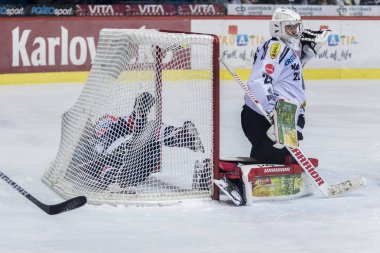 Zagreb, Hırvatistan - 21 Aralık 2017: Medvescak Zagreb ile Dornbirn arasında Ebel buz hokeyi ligi maçı. Kalede hokey oyuncusu
