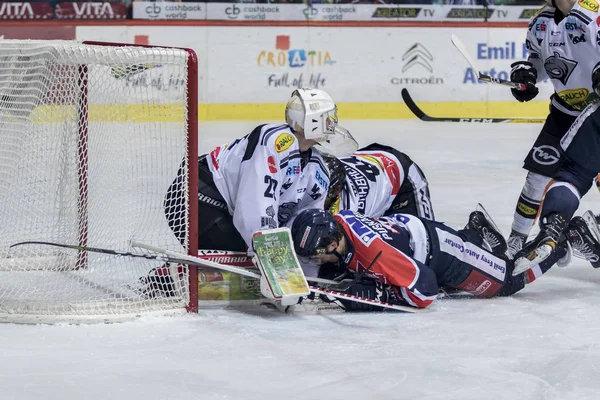 Zagreb, Hırvatistan - 21 Aralık 2017: Medvescak Zagreb ile Dornbirn arasında Ebel buz hokeyi ligi maçı. Hokey oyuncuları buza düştü.
