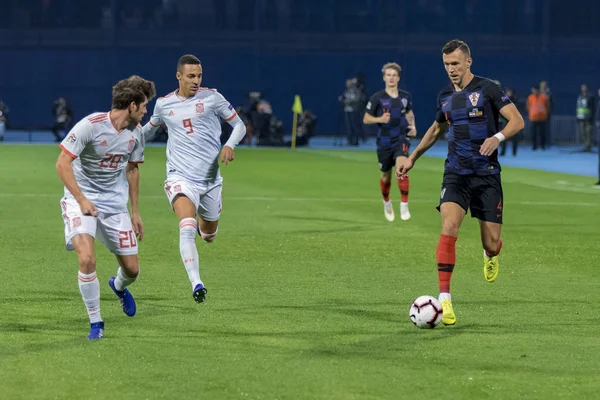ZAGREB, CROATIA - NOVEMBER 15, 2018: UEFA Nations League football match Croatia vs. Spain. In action Ivan Perisic (4), Diego Llorente(20) and Rodrigo (9)